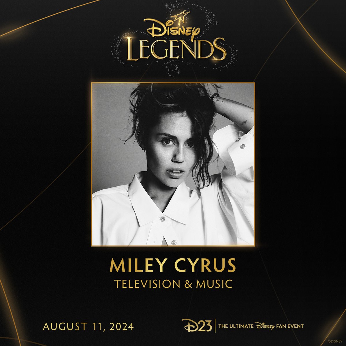 Congratulations to Miley Cyrus, who will be honored as a Disney Legend on Sunday, August 11 at D23: The Ultimate Disney Fan Event. #D23