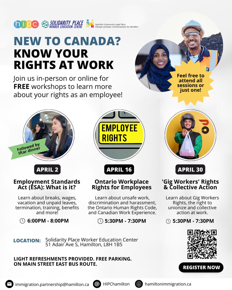 🌟 Empowering newcomers one session at a time! Join us in April for a series of FREE workshops designed to guide employees new to Canada. Let’s navigate the Canadian workplace together to ensure everyone feels confident and informed! ✍ Register now: bit.ly/EmployeeRights…