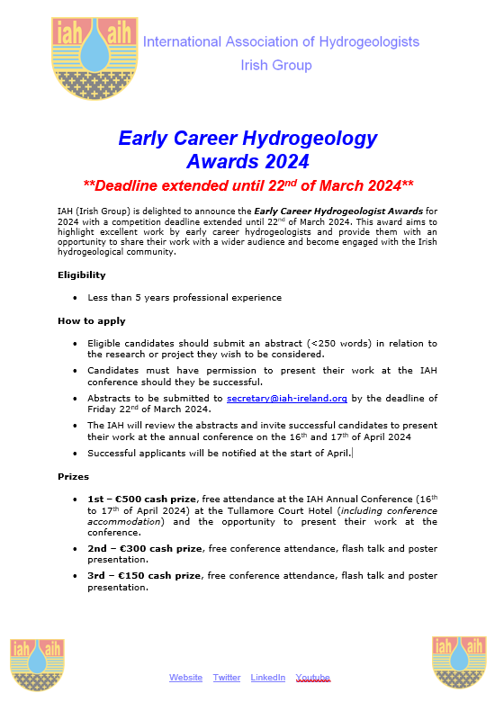 IAH_Ireland's tweet photo. REMINDER! The deadline for the annual early career hydrogeology award is this Friday, the 22nd of March. We are looking forward to seeing the many interesting topic that are brought to the table this year! https://t.co/9Ov9Bj7BOo