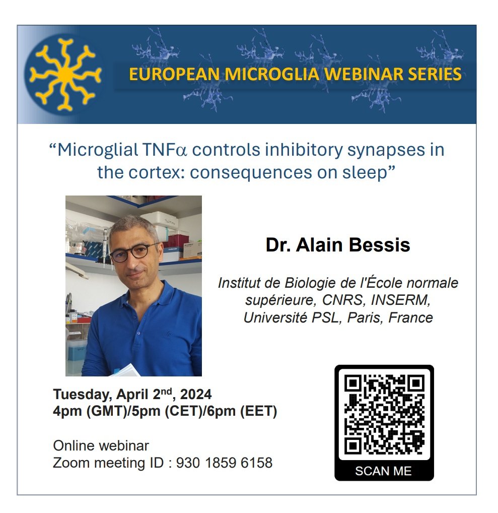 📢 New webinar coming soon 📢 
Dr. Alain Bessis from Institut de Biologie de l'École Normale Supérieure - @CNRS @Inserm @psl_univ will be our next speaker.  Check all the information in the flyer and add it to your calendar!