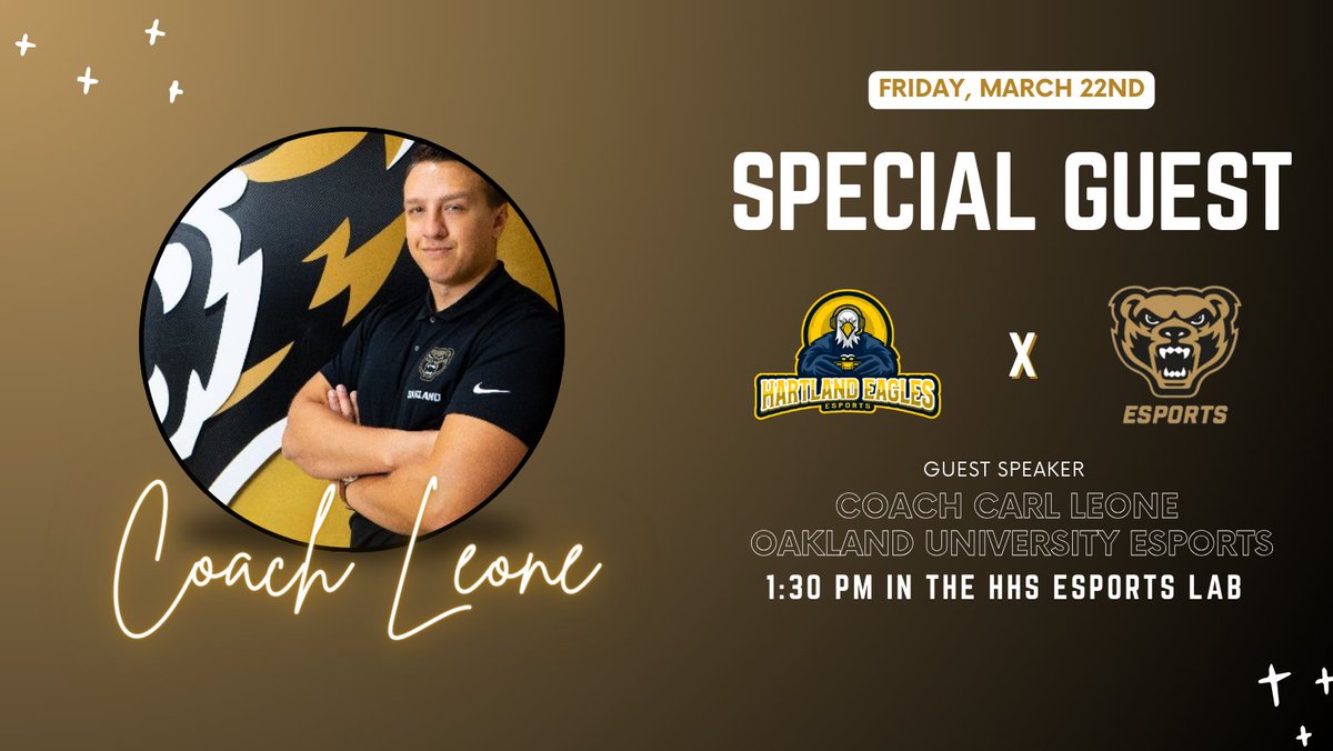 Hartland Esports will have a special guest THIS Friday, March 22nd, at 1:30 pm in the HHS Esports Lab! 

Thank you, @OaklandEsports, for sharing your coach for the day!

#HighSchoolEsports #HartlandEsports #CollegiateEsports #OaklandEsports