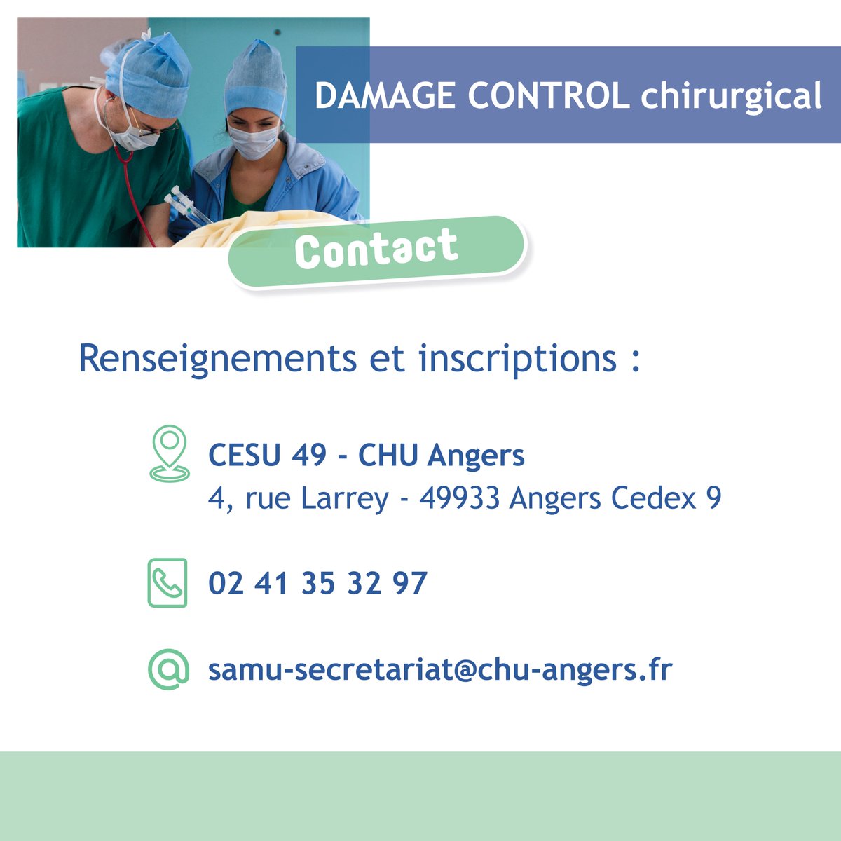 #formation ➡️ #damagecontrol chirurgical au #CHUAngers, Établissement de Santé de Référence #ESR sur le risque #AMAVI 📅 27 et 28 juin 2024 ℹ️ Renseignements et inscriptions : @CesuEnseignant ⚠️ 13 places disponibles #médecine d'#urgences #SSE #Simulation #anatomie ⤵️⤵️⤵️