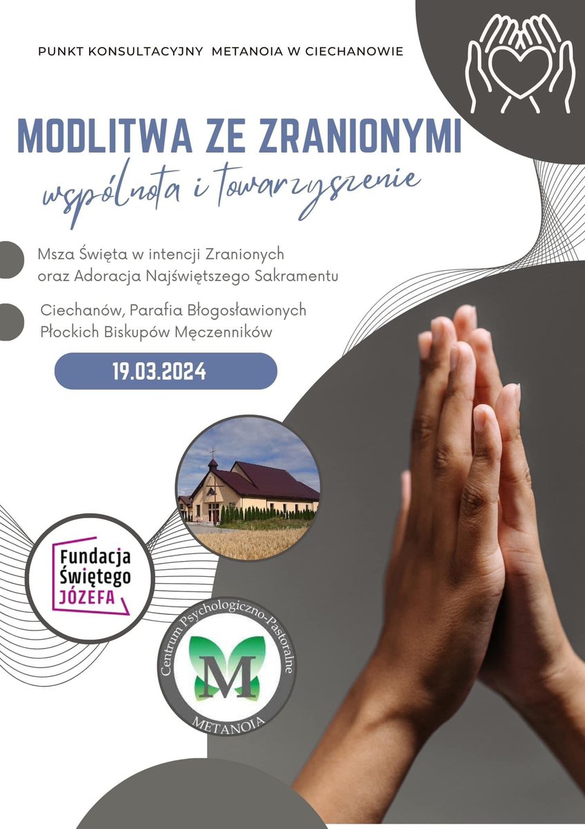 #Ciechanów jeszcze raz serdecznie zachęcamy do wspólnej modlitwy podczas dzisiejszej Mszy Św. w intencji Osób Zranionych 🙏
<a href="/FundacjaJozefa/">Fundacja Świętego Józefa</a> 
<a href="/OchronaKEP/">Ochrona Dzieci i Młodzieży</a>