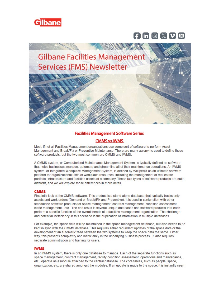 In this Gilbane FMS blog, learn about the two most common #Software  products that #FacilitiesMgmt organizations use to perform #Assets Management and Break/Fix or Preventive #Maintenance : #CMMS and #IWMS. Click link to view full blog post on LinkedIn. linkedin.com/feed/update/ur…
