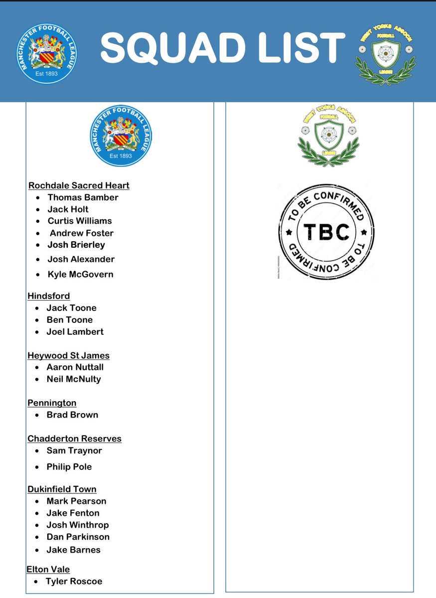 THEMCRFL's tweet photo. We are pleased to announce the squad for our Inter League Semi Final against West Yorkshire Association Football League 🚨

Featuring players from @SacredHeartFC @HindsfordFC @HeywoodStJames @pennington_fc @chaddyfcmfl @DukiTownYouthFC @EltonValeFC 

Supporting you all the way⚽️ https://t.co/LEVoDMGhoX