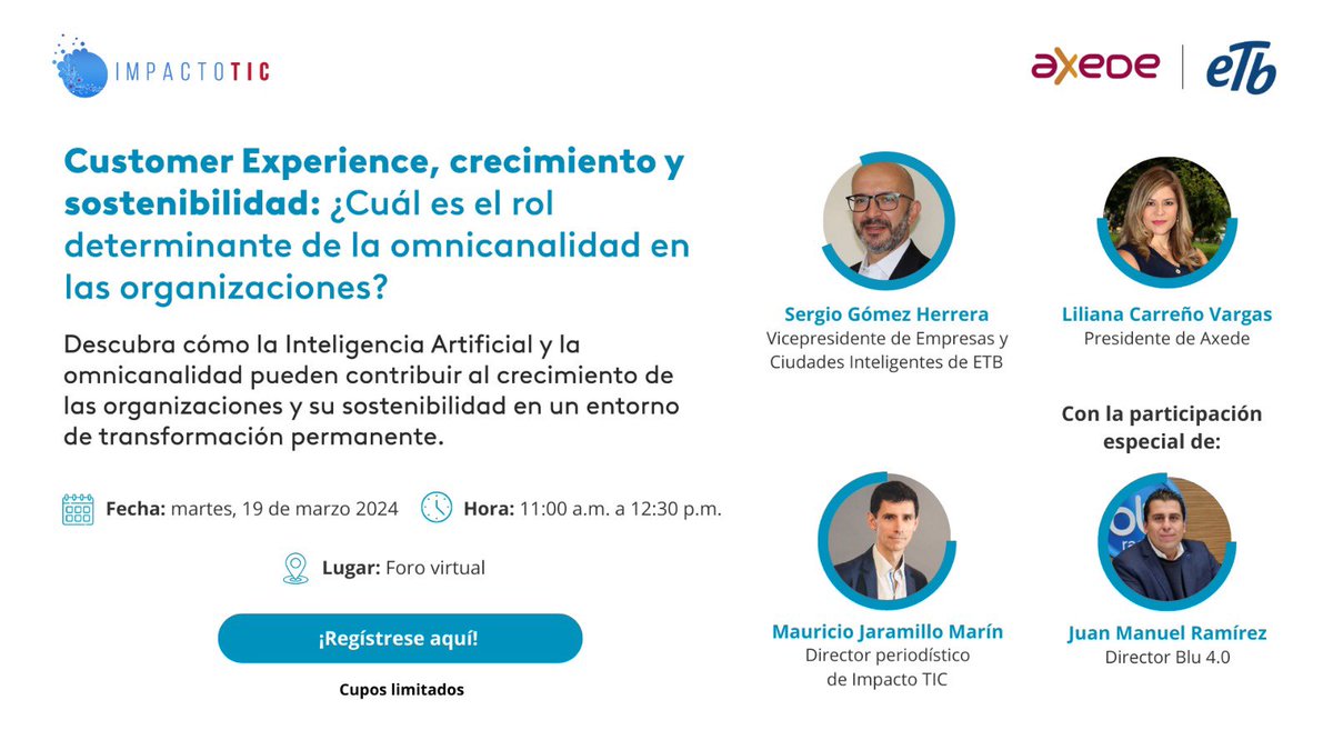 ¡Conéctese YA!  A esta conversación para analizar como el uso de la
Inteligencia Artificial y la omnicanalidad contribuye a crear organizaciones sostenibles y en constante crecimiento. 

👉🏼bit.ly/3x0cHny