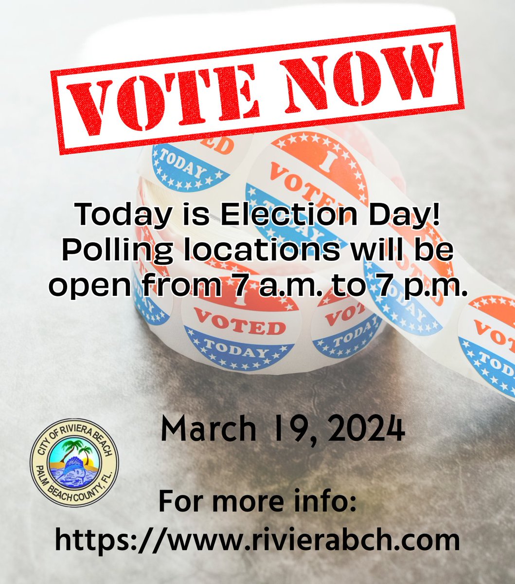 🗳️ It's Election Day in Riviera Beach! Exercise your right to vote and make your voice heard before 7 p.m. at your precinct. Check out Riviera Beach's website for more info: rivierabch.com #ElectionDay #VoteNow