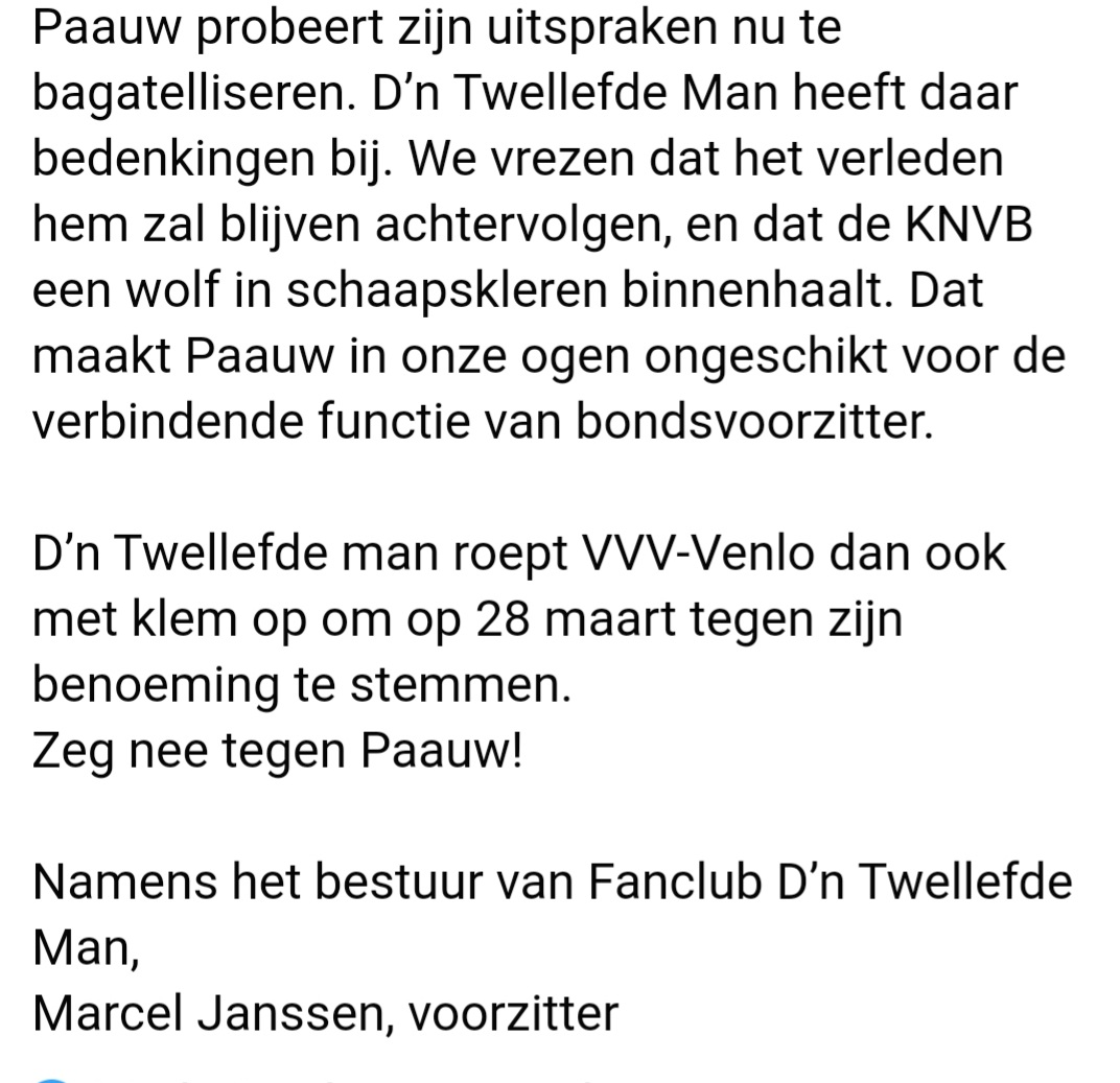 Ook wij zeggen volmondig "NEE" tegen de aanstelling van Frank Paauw bij de KNVB! 
Hier ons statement, te lezen op onze FB pagina.