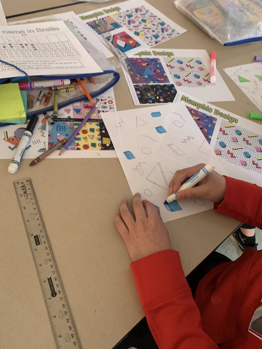 Fifth graders are jamming out to 80s hits while we create our own Memphis Design inspired background for our mixed media boom boxes! #ilbsd13 #leadlikeajaguar