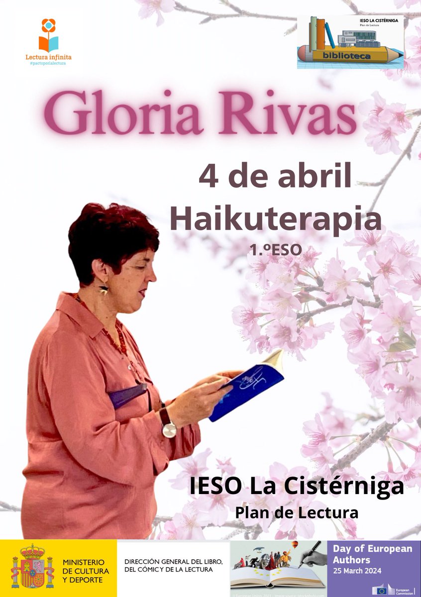 HAIKUTERAPIA con GLORIA RIVAS

En abril nos visitará Gloria Rivas con el programa @librolecturagob de @culturagob 
Los grupos de 1.° asistirán a sendos encuentros con la autora.
Gloria, ¡qué ganas tenemos de pasar la mañana contigo!
#pactoporlalectura @Hoy_Libro