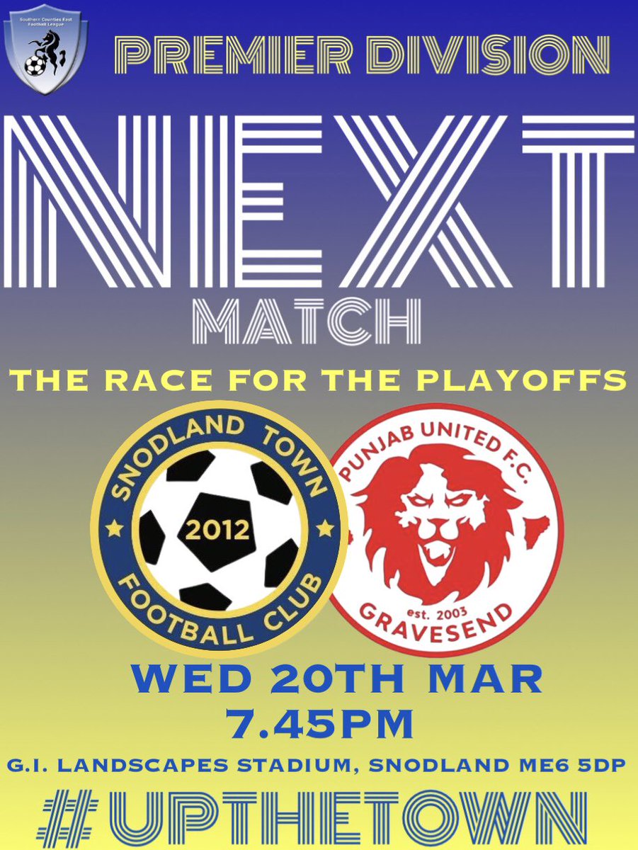 Snodland Town FC (@snodlandtownfc) on Twitter photo UNDER THE LIGHTS
RACE FOR THE PLAY-OFFS
Tomorrow evening we take on in form fellow playoff contenders <a href="/PUFC_Gravesend/">Punjab United FC</a> at the <a href="/gilandscapes/">G.I. Landscapes</a> stadium.
Massive game for both teams, let’s see all you townies here to cheer the lads on.
<a href="/SCEFLeague/">Presence & Co. SCEFL League</a> <a href="/LionInsurance/">Lion Insurance</a>
#UPTHETOWN 💛💙 UNDER THE LIGHTS
RACE FOR THE PLAY-OFFS
Tomorrow evening we take on in form fellow playoff contenders <a href="/PUFC_Gravesend/">Punjab United FC</a> at the <a href="/gilandscapes/">G.I. Landscapes</a> stadium.
Massive game for both teams, let’s see all you townies here to cheer the lads on.
<a href="/SCEFLeague/">Presence & Co. SCEFL League</a> <a href="/LionInsurance/">Lion Insurance</a>
#UPTHETOWN 💛💙