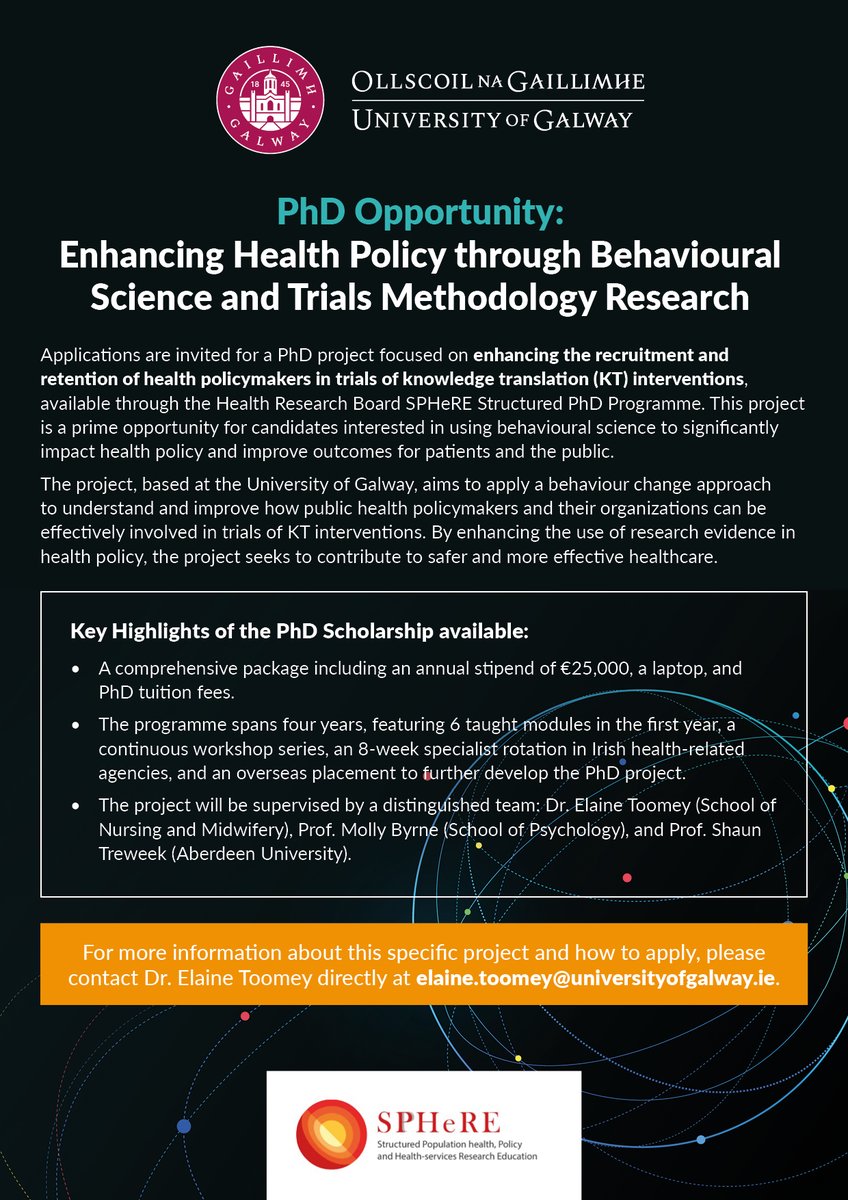 📢 PhD Opportunity Alert! 🎓 🔍 Enhance #HealthPolicy through #BehaviouralScience & #TrialsMethodology Research at the @uniofgalway. 🚀 Dive into a project aimed at improving #recruitment & #retention of policymakers in knowledge translation trials.