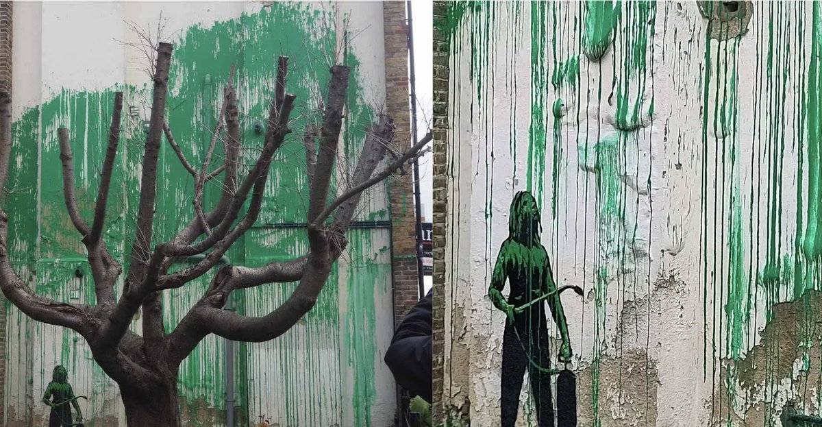 #Banksy has officially claimed a new mural in London

The piece show a small figure wielding a pressure hose next to a cherry tree with green paint across the wall, replicating the absent leaves of the tree. 

Do we see any hidden #sustainability messages here?

#ClimateArt??