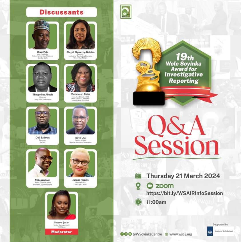 This is a must attend,  don't miss out.
Join @WSoyinkaCentre virtual Q&A session on the 19th Wole Soyinka Award for Investigative Reporting.

🗓️ Thursday 21 March 2024

🕜 11am 

Register here 👉 bit.ly/WSAIRInfoSessi…

 #WSAIR2024