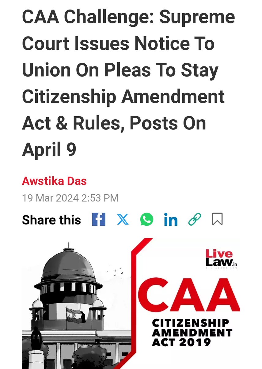 #NoCAA: Supreme Court refuses to stay #CAA. Hearing listed for April 9th.

#CAARules: Supreme Court Issues Notice To Union On Pleas To Stay Citizenship Amendment Act & Rules

A bench of Chief Justice DY Chandrachud, and Justices JB Pardiwala and Manoj Misra adjourned today's…