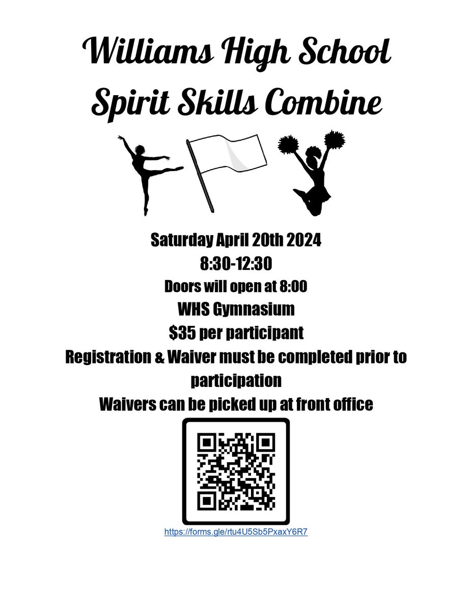 Please take note of the upcoming Williams HS Spirit Skills Combine. This is open to ALL RISING students in grades 6-12. Register using the QR code or this link: forms.gle/rtu4U5Sb5PxaxY… Waiver form can be found here: docs.google.com/document/d/1XU…