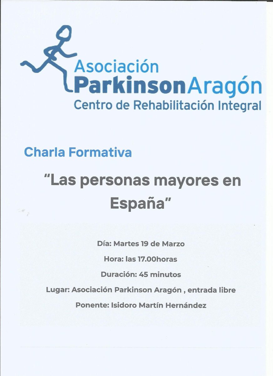 Te esperamos esta tarde a las 17h en la sede de nuestra Asociación en Zaragoza.
Charla "Las personas mayores en España"