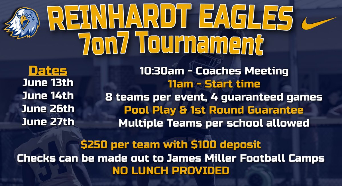 New dates available‼️ Come get in some extra work this summer 🦅🏈 #PTP Tyler.hennes@reinhardt.edu