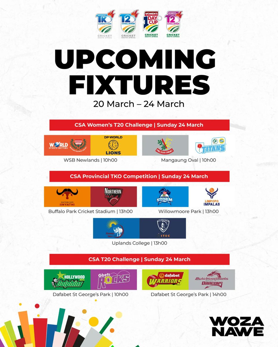 Upcoming Fixtures 🗓️ The entertainment resumes in the #CSAT20Challenge & #CSATKO 🔥🍿 Make you sure you don't miss an inch of the action ➡️ CSA Youtube, SS YouTube and SS Linear channels. Get your tickets on TicketPro now 🎟️➡️ rb.gy/a7z8yn #WozaNawe #BePartOfit