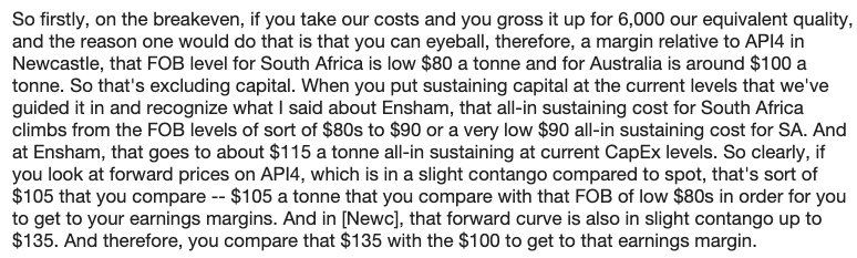 TGA breakeven price disclosed at results yesterday