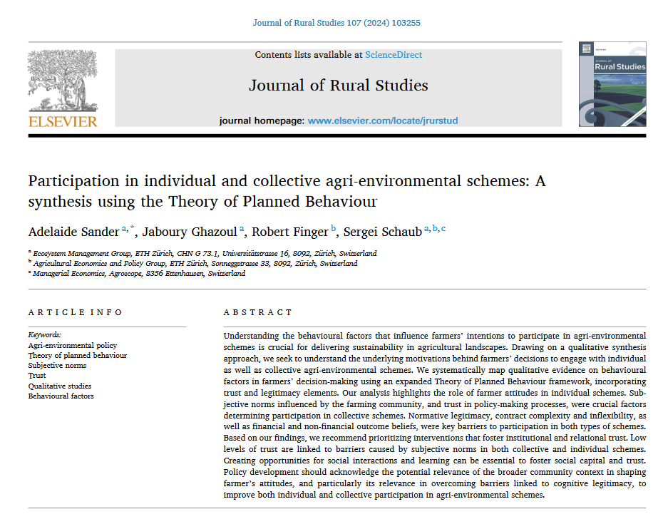 'Participation in individual and collective agri-environmental schemes: A synthesis using the Theory of Planned Behaviour' ICYMI: New paper led by @AdelaideSander with @JabouryGhazoul & @SergeiSchaub, Journal of Rural Studies sciencedirect.com/science/articl…