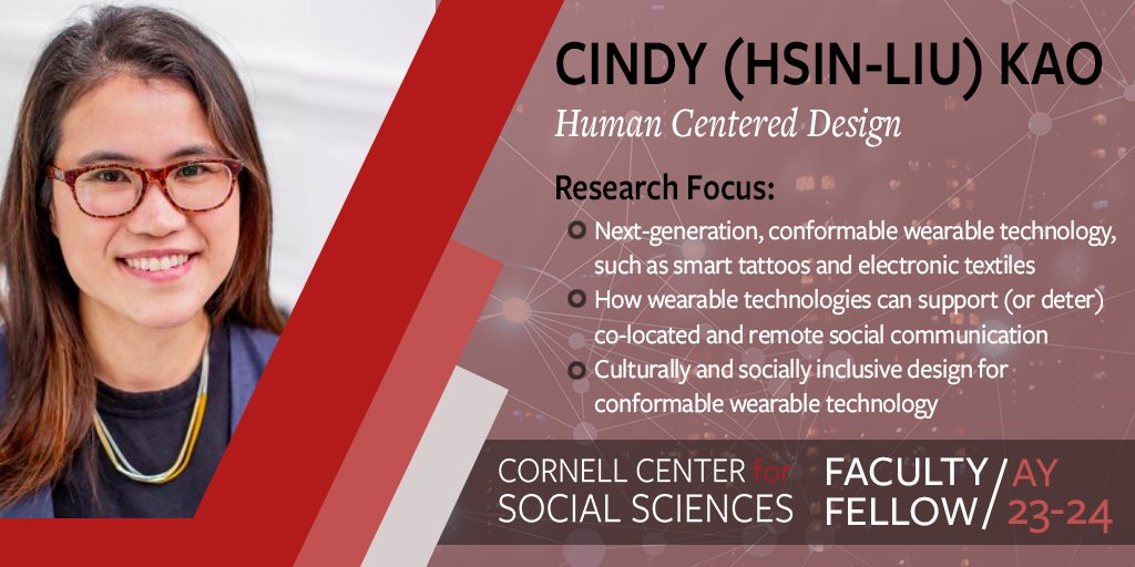 2023-2024 @CornellCCSS Faculty Fellow Cindy (Hsin-Liu Kao), Assistant Professor in Human Centered Design (@CornellCHE), is currently focusing on understanding the social aspects of on-skin interfaces. Meet the 2023-24 Faculty Fellows: socialsciences.cornell.edu/funding-and-pr…