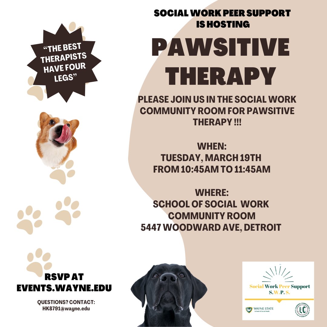 🐾 Don't miss out on some furry therapy TODAY at 10:45 am in the Social Work Community Room! Social Work Peer Support and GoTeam Therapy Dogs are teaming up to bring you smiles and stress relief. 🐶💖 #TherapyDogs #SelfCare #SocialWorkSupport