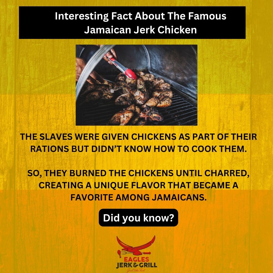EaglesJerk's tweet photo. Ever wondered how the tantalizing taste of Jamaican Jerk Chicken came to be? 🍗

It all started with an unintended char, transforming simple rations into a culinary icon.

#JamaicanJerk
#Caribbeanhistory
#CulinaryJourney
#JerkChicken
#CaribbeanCuisine
#eaglesjerk&amp;chill https://t.co/qgppDfH19g