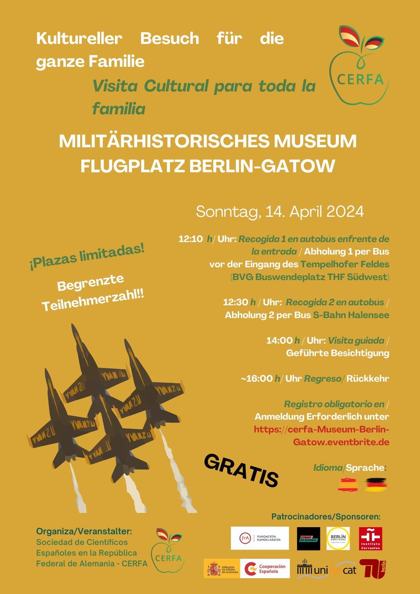 ¡Visita cultural-aeronáutica para toda la familia! CERFA Berlin-Brandenburg organiza una visita guiada al Museum Flugplatz Berlin-Gatow (buff.ly/3v3LtMw) para tí y tu familia. ¡No te lo pierdas! Mas info en cerfa.de.