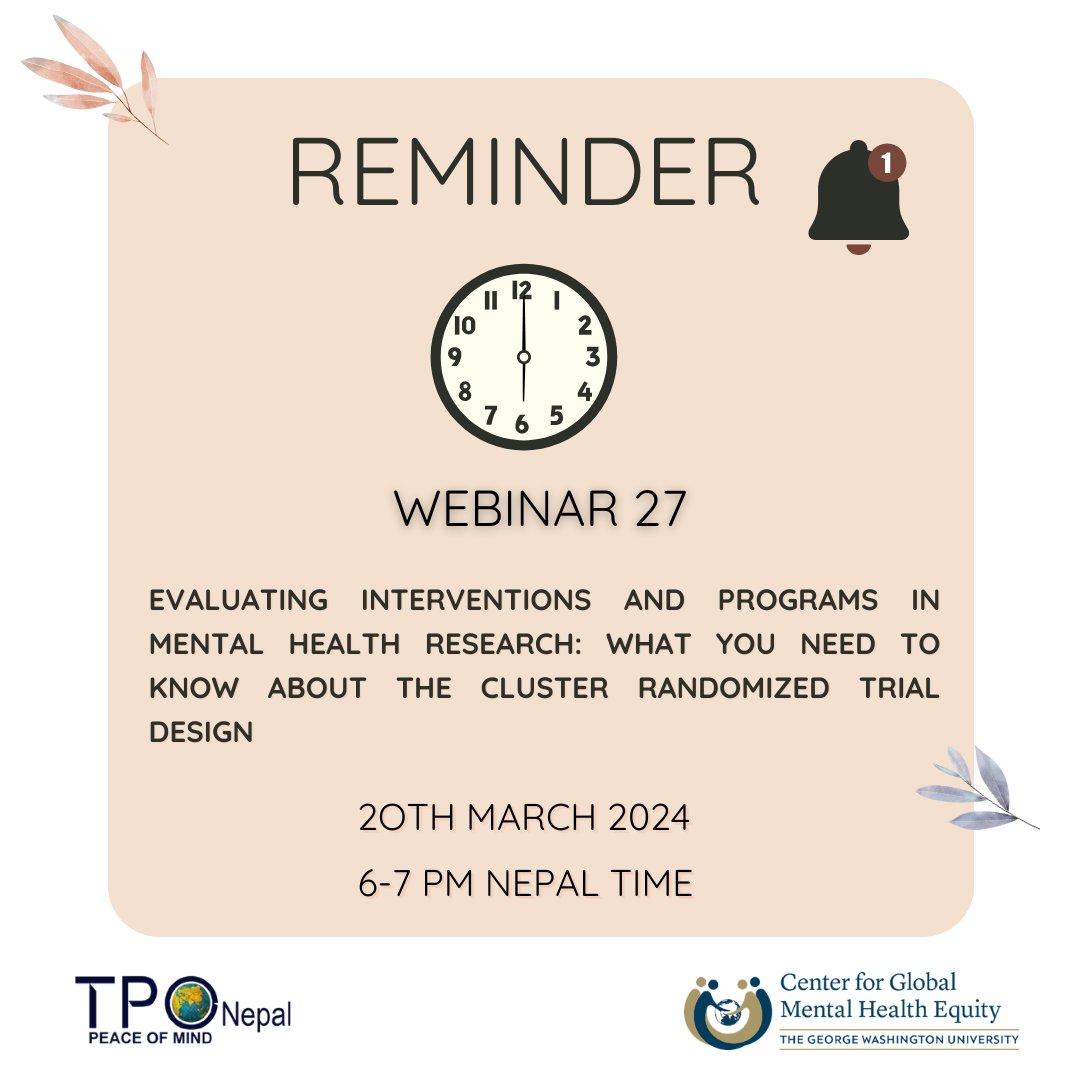 REMINDER!
1 day to go for our 27th #webinar!
"Evaluating Interventions and Programs in Mental Health Research: What You Need to Know about the Cluster Randomized Trial Design".

Register here: docs.google.com/forms/d/e/1FAI…