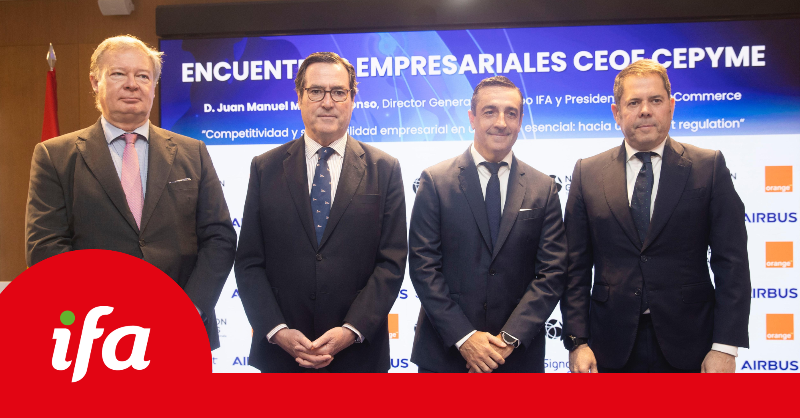 GrupoIFA's tweet photo. 🔴 El sector del comercio genera 26 millones de empleos en Europa y supone el 10% del PIB.
Hoy nuestro director general, @JUANMA26MORALES, ha asistido al encuentro empresarial de @CEOE_ES y @cepyme_ para aportar su visión sobre smart regulation 👇🏻
#IFALidera