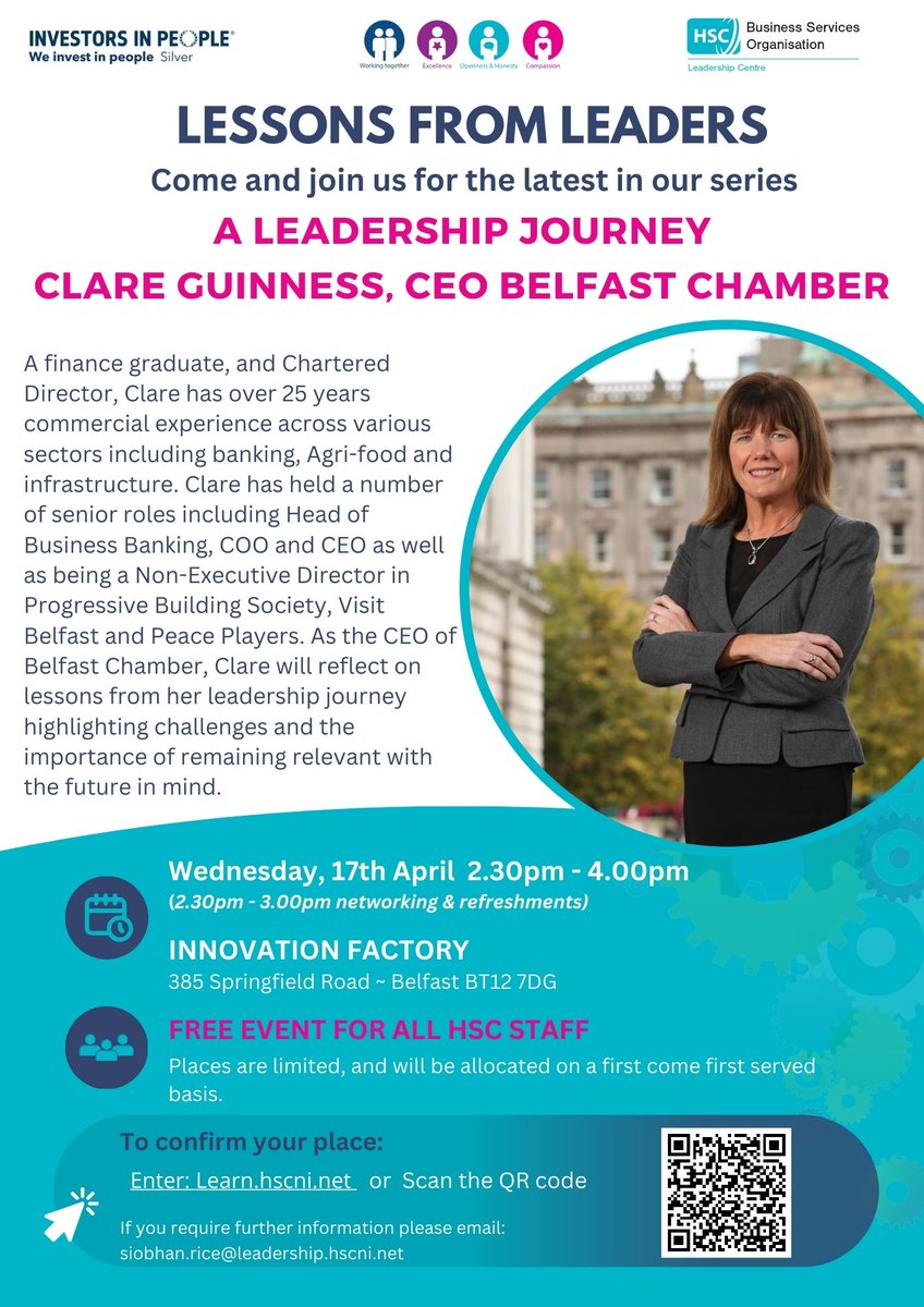 Join us for the next in our series of Lessons from Leaders on Wednesday 17th April, 2.30pm - 4.00pm.
'A Leadership Journey' by Clare Guinness, CEO Belfast Chamber. 
A free event for all @HSC staff - book early to avoid disappointment.
learn.hscni.net/#/catalogue/ev…