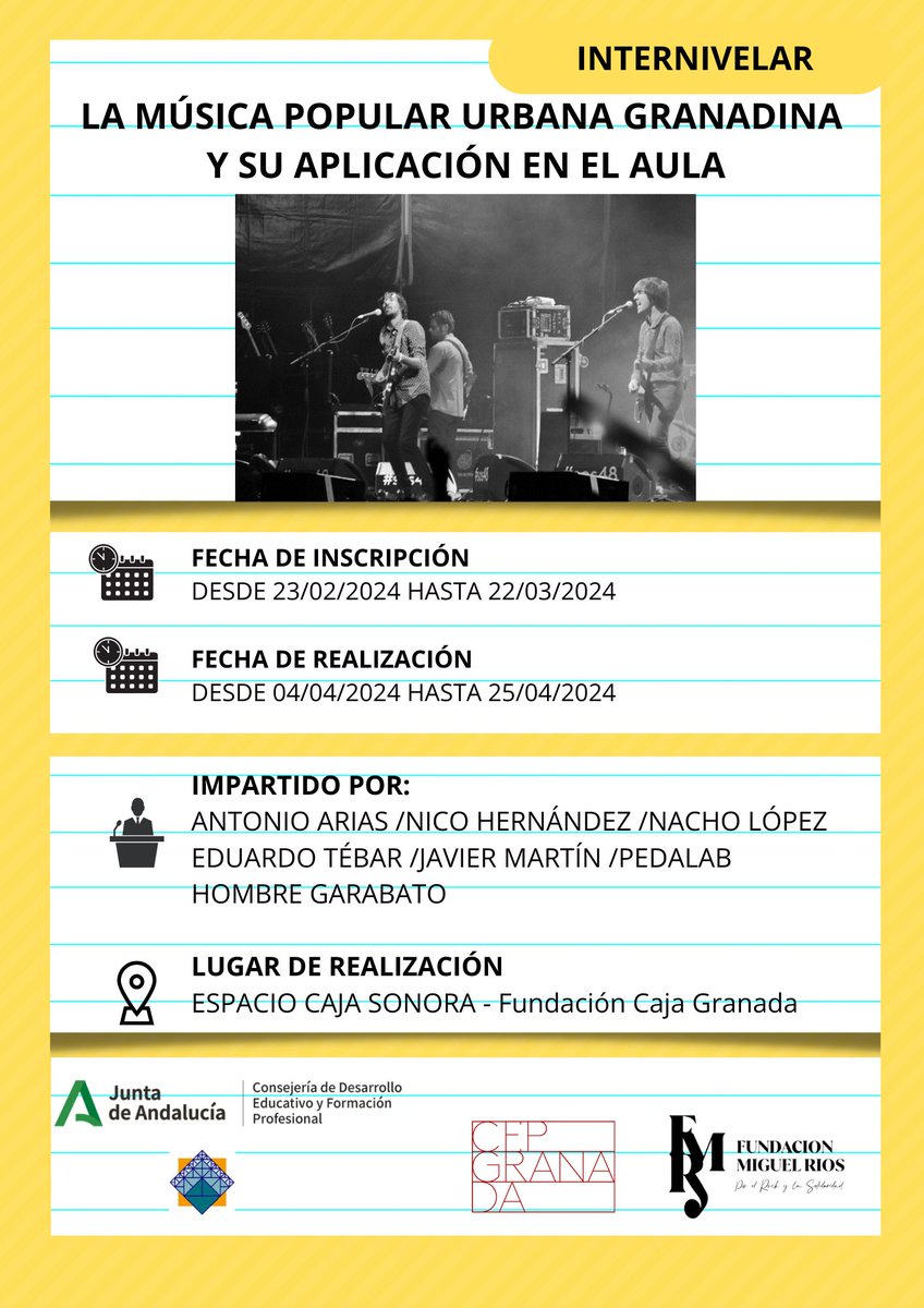 No os perdáis el interesantísimo curso 'La música popular urbana granadina y su aplicación en el aula'. Organizado por el @cajasonoragrx y el @cepgranada, en colaboración con la @FundacionMRios. Tendré el placer de impartir la 2ª sesión junto a mis compañeros/as de @PedalabUGR