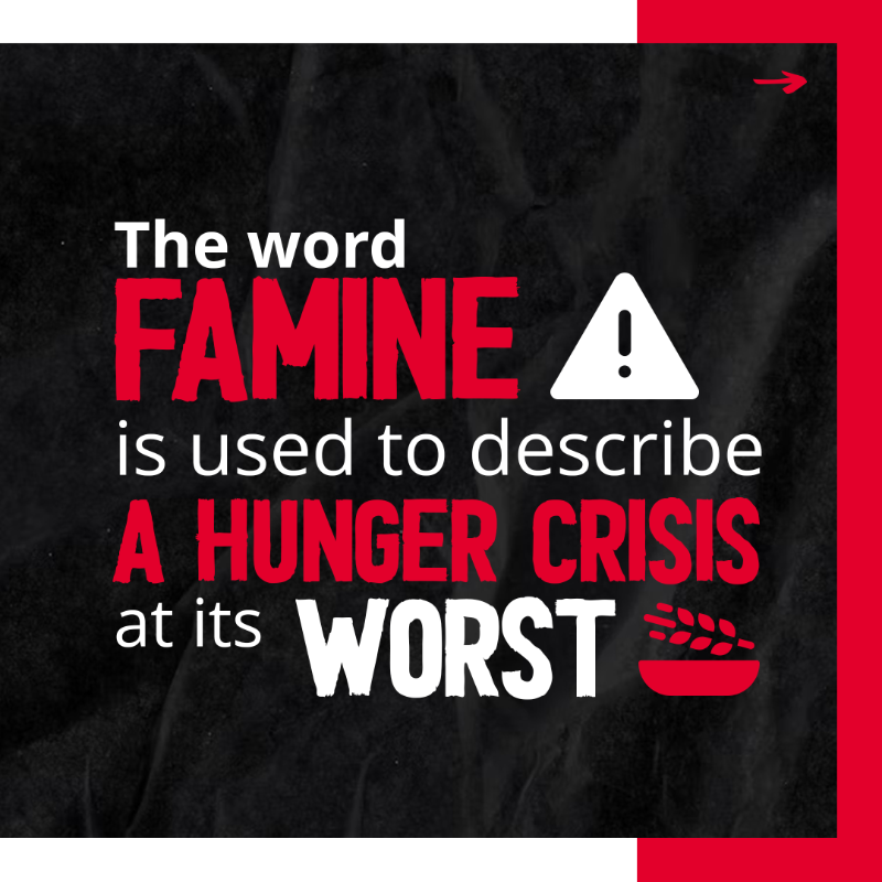 WFP's tweet photo. What is #famine? It's a global standard for defining the most devastating form of hunger.

In its simplest terms, famine means that at least two out of every 10,000 people will die of starvation or disease every day.

When famine is declared, it's already too late.

#FightFamine
