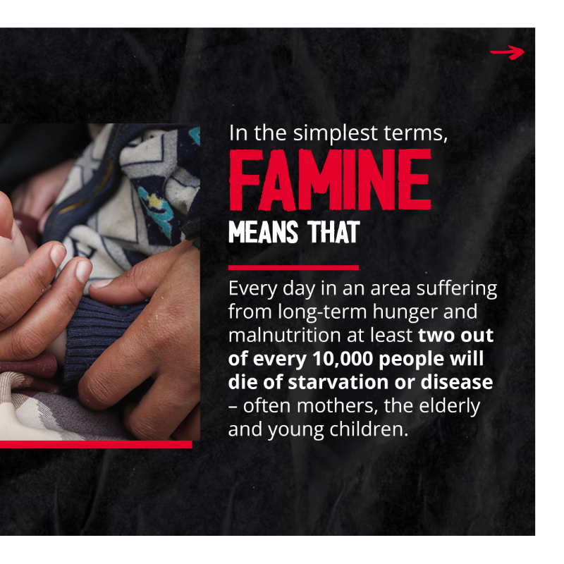 WFP's tweet photo. What is #famine? It's a global standard for defining the most devastating form of hunger.

In its simplest terms, famine means that at least two out of every 10,000 people will die of starvation or disease every day.

When famine is declared, it's already too late.

#FightFamine