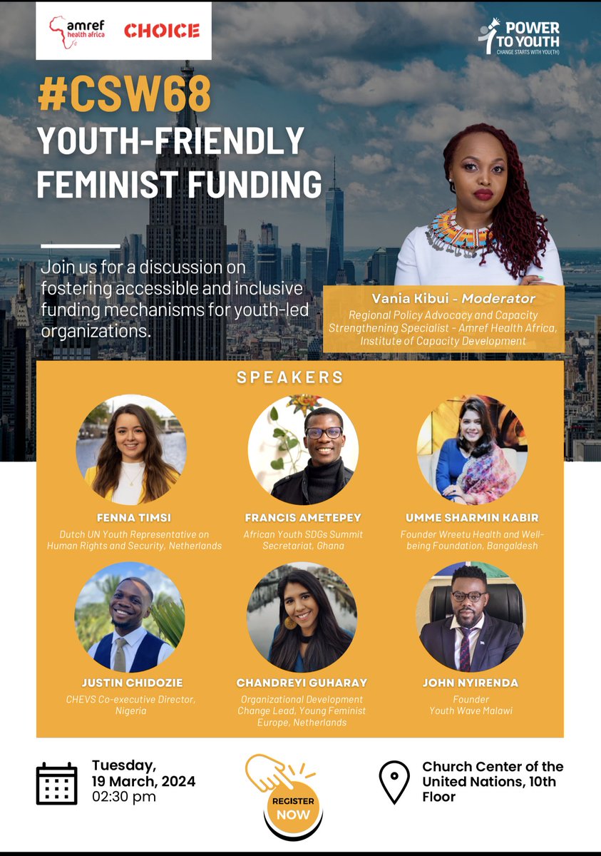 SonkeTogether's tweet photo. Anticipating today's side-event at #CSW68; "Youth-Friendly Feminist Funding", co-hosted by our partners ,AMREF and CHOICE for Youth &amp; Sexuality at Church Center of the United Nations, 10th Floor, 2:30PM EST. 
Join top voices, contribute to shaping an inclusive future. 
#PTYatCSW https://t.co/2dHE2RqSA0