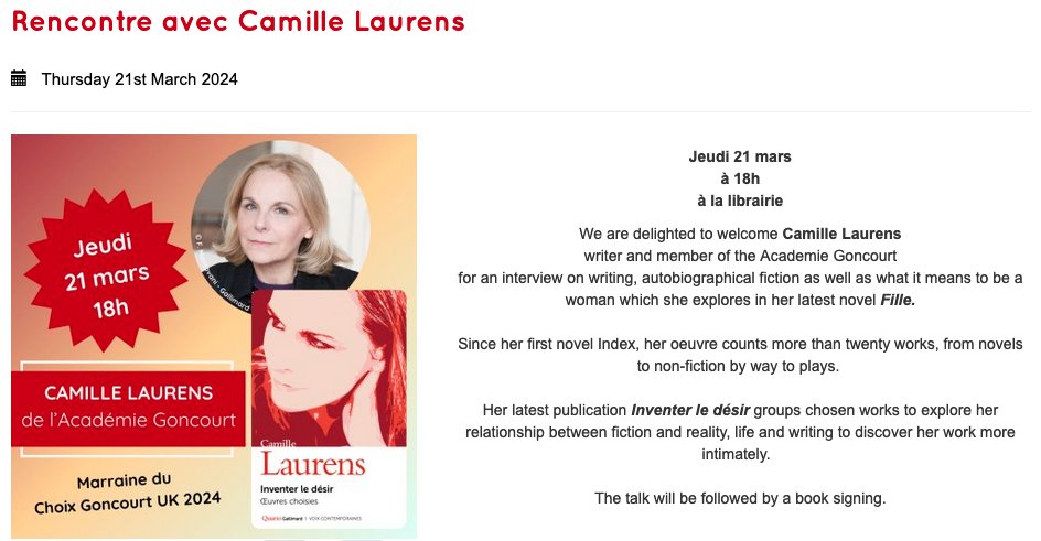 ⏳📚 D-3! On the road to #ChoixGoncourtUK 2024 🇫🇷🇬🇧 We are thrilled to announce that Camille Laurens @AcadGoncourt, patron of this fifth edition, will join us for the awards ceremony and will be speaking at @LIBRAIRIELAPAGE the day before 👉 librairielapage.com/index.aspx?p=A…