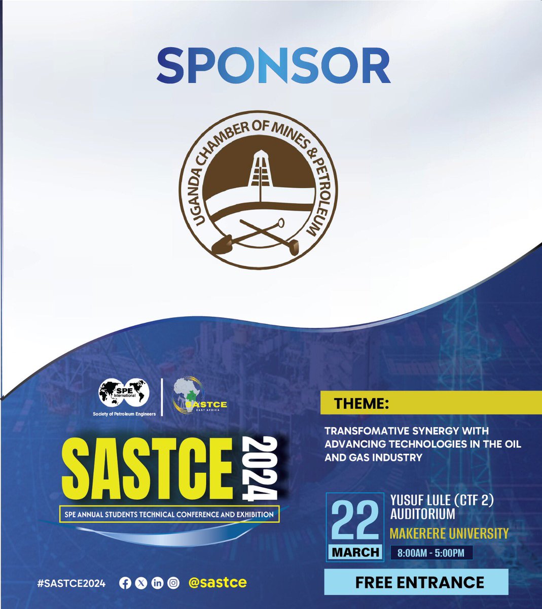 spe_muk's tweet photo. Among our sponsors is the Uganda Chamber of Mines and Petroleum

Secure your slot by registering with the link below 
https://t.co/gzcbsPNGJy  

#SASTCE2024 https://t.co/03q8rxU2gF