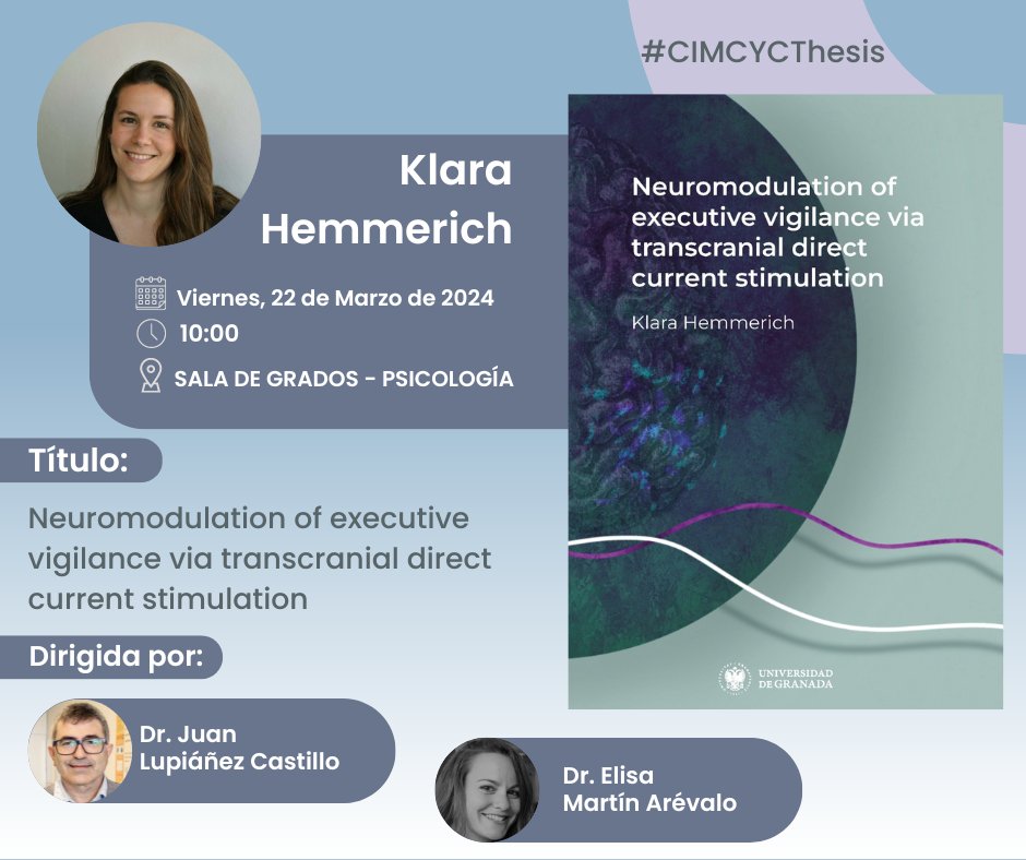 cimcyc's tweet photo. ¡Esta semana hay defensa de tesis!

Deseamos mucho éxito a @khmmrch que nos presenta su trabajo sobre la neuromodulación de la vigilancia ejecutiva mediante estimulación transcraneal por corriente directa.

#CIMCYCThesis https://t.co/czqntEm6My