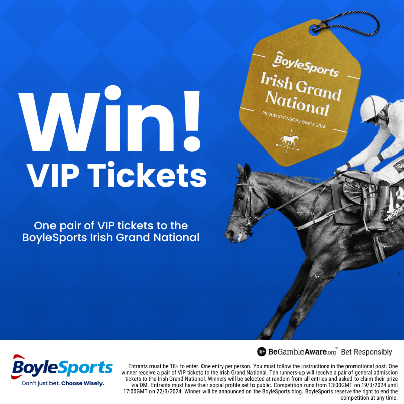 BoyleSports's tweet photo. 🎟 Win VIP tickets to the BoyleSports Irish Grand National at @Fairyhouse on Easter Monday!

To enter:
🔁 RT this post
💬 Tag the person you would take

🔞 Click below for full terms &amp; conditions

#BoyleSportsIGN