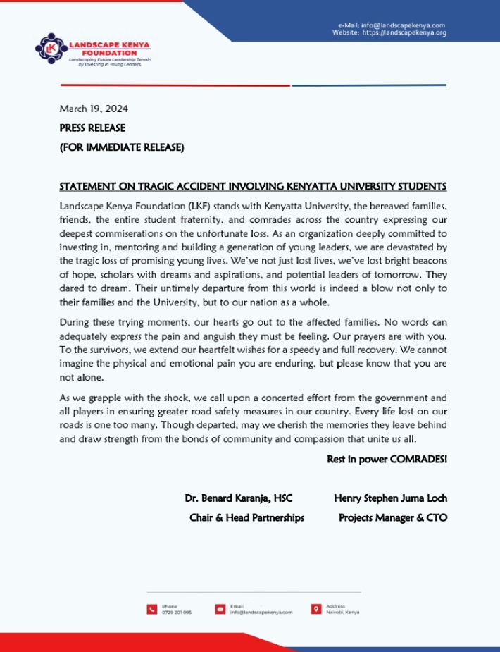 LandscapeKenya's tweet photo. Our hearts bleed. Deepest commiserations to @KenyattaUni the families and friends. Best wishes for a speedy recovery to the survivors. #KenyattaUniversity https://t.co/fqjPJnCa1a