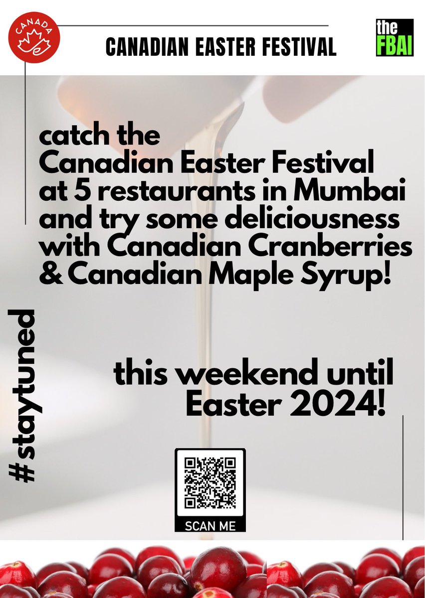 theFBAI (@thefbai) on Twitter photo #StayTuned for the exciting Canadian Easter Festival where you can savour the flavour of Canadian Cranberries and Canadian Maple Syrup at 5 restaurants in #Mumbai #India
The Canadian Easter Festival commences this weekend until 31 March Easter Day 2024
<a href="/CanadainIndia/">Canada in India</a> <a href="/salloni/">MasalaChic</a> #StayTuned for the exciting Canadian Easter Festival where you can savour the flavour of Canadian Cranberries and Canadian Maple Syrup at 5 restaurants in #Mumbai #India
The Canadian Easter Festival commences this weekend until 31 March Easter Day 2024
<a href="/CanadainIndia/">Canada in India</a> <a href="/salloni/">MasalaChic</a>