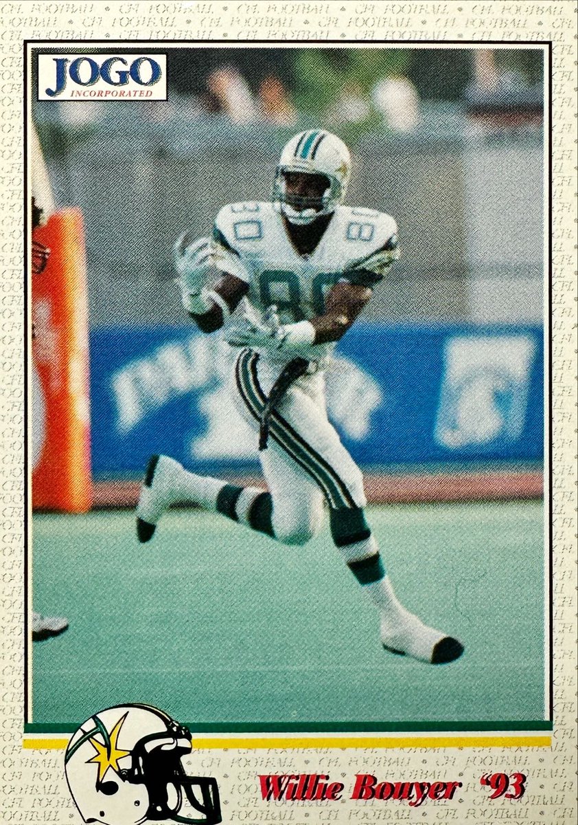 CFLUSACards's tweet photo. 2 seasons with Gold Miners; previously with #WorldLeague's #BirminghamFire. #WLAF's 4th-leading receiver in 1992 w/706 yds on 57 rec. Career: 107 passes for 1,447 yds &amp; 4 TDs.

Willie Bouyer #SacramentoGoldMiners - 1993 #JOGO #CFL #103

#CFLUSACards #TradingCards #Football https://t.co/QI0cIGS9ce
