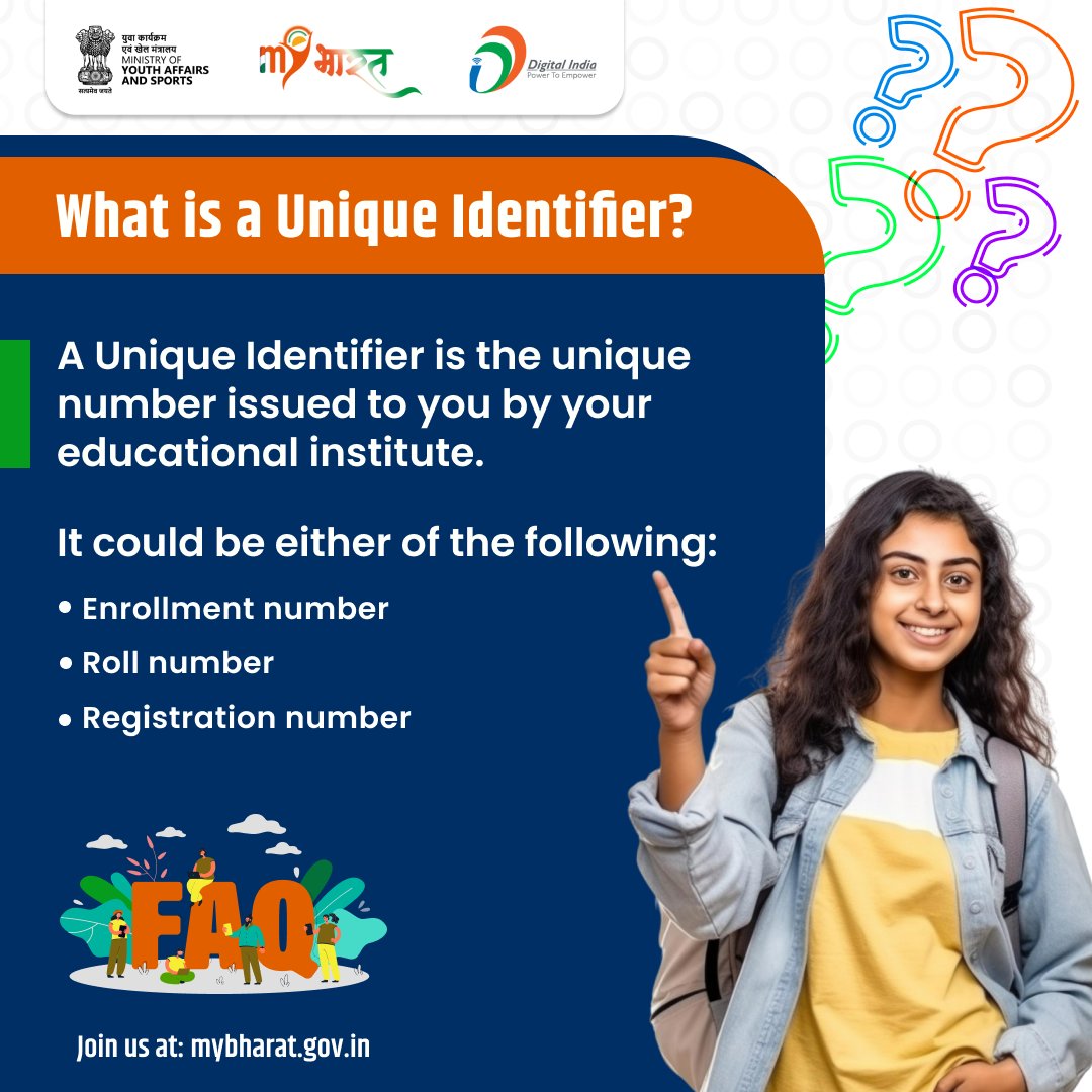 Did you know what Unique Identifier is? When you’re filling your profile details on MY Bharat portal as a youth, you will be asked for a Unique Identifier. #MYBharat #Youth #FAQs #registration @YASMinistry Follow us for more such information: whatsapp.com/channel/0029Va…