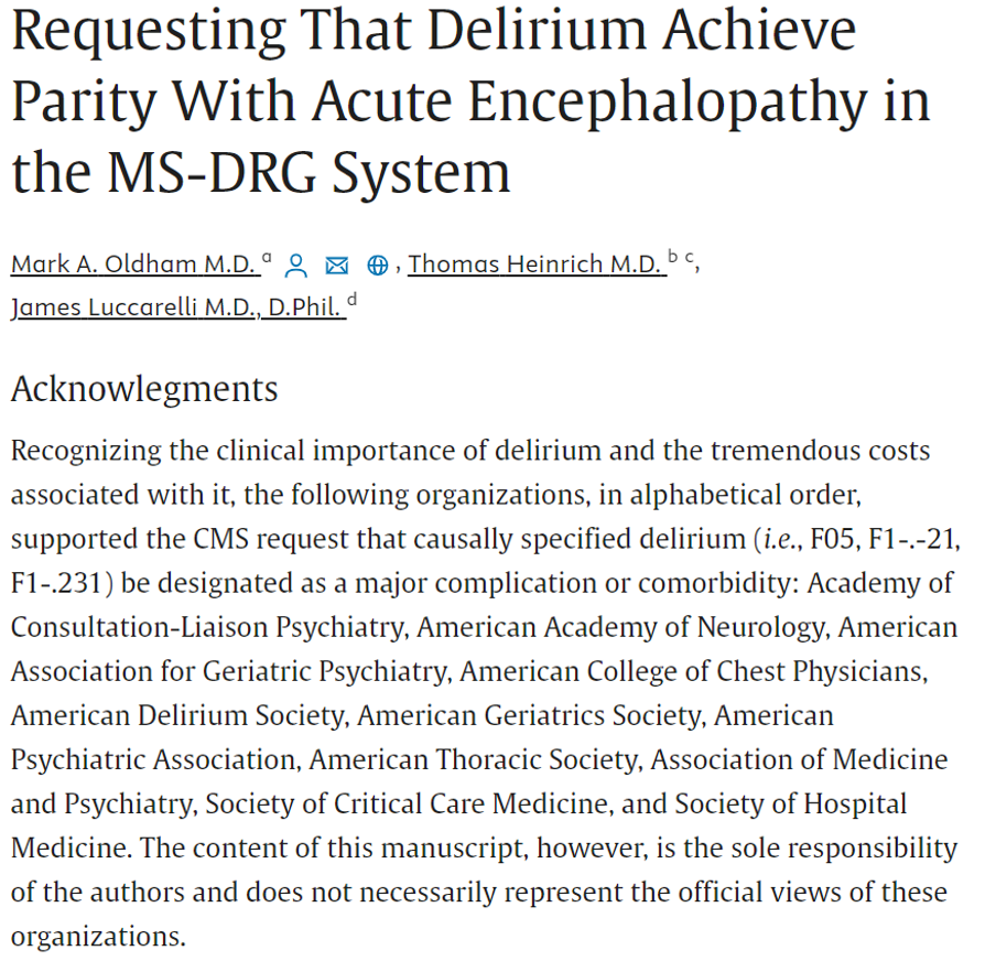 Mark Oldham (@markoldhammd) on Twitter photo 📄 Here's why #delirium should be a major complication or comorbidity.
🙌 I'm also truly honored that these organizations have partnered with <a href="/AmerDelirium/">American Delirium Society</a> in affirming the importance of #delirium.
🔓 Share link (🆓 until 5/8/24): authors.elsevier.com/a/1inKv9UUH01N…
<a href="/APApsychiatric/">American Psychiatric Association</a> 📄 Here's why #delirium should be a major complication or comorbidity.
🙌 I'm also truly honored that these organizations have partnered with <a href="/AmerDelirium/">American Delirium Society</a> in affirming the importance of #delirium.
🔓 Share link (🆓 until 5/8/24): authors.elsevier.com/a/1inKv9UUH01N…
<a href="/APApsychiatric/">American Psychiatric Association</a>