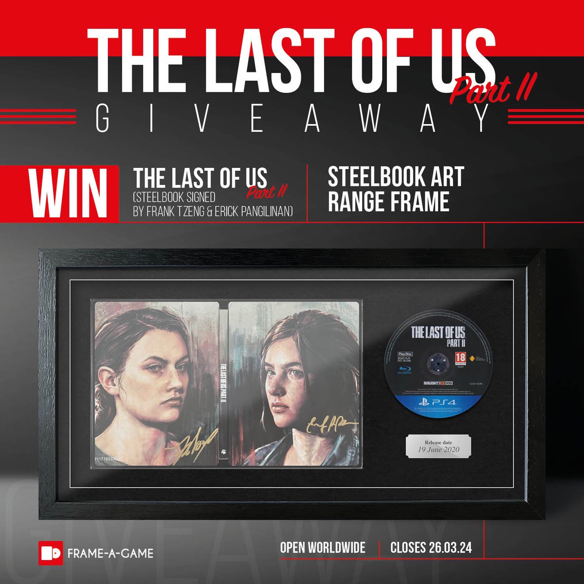 Let’s celebrate the launch of The Steelbook Art Range with a giveaway! 🫡

Win a framed copy of The Last of Us Part II steelbook signed by character artists <a href="/frank_tzeng/">Frank_Tzeng</a> &amp; Erick Pangilinan!

To enter:
👉 Retweet this Tweet
👉 Follow <a href="/FrameAGame/">Frame-A-Game</a> 

Closes 26.03.24 | Open worldwide
