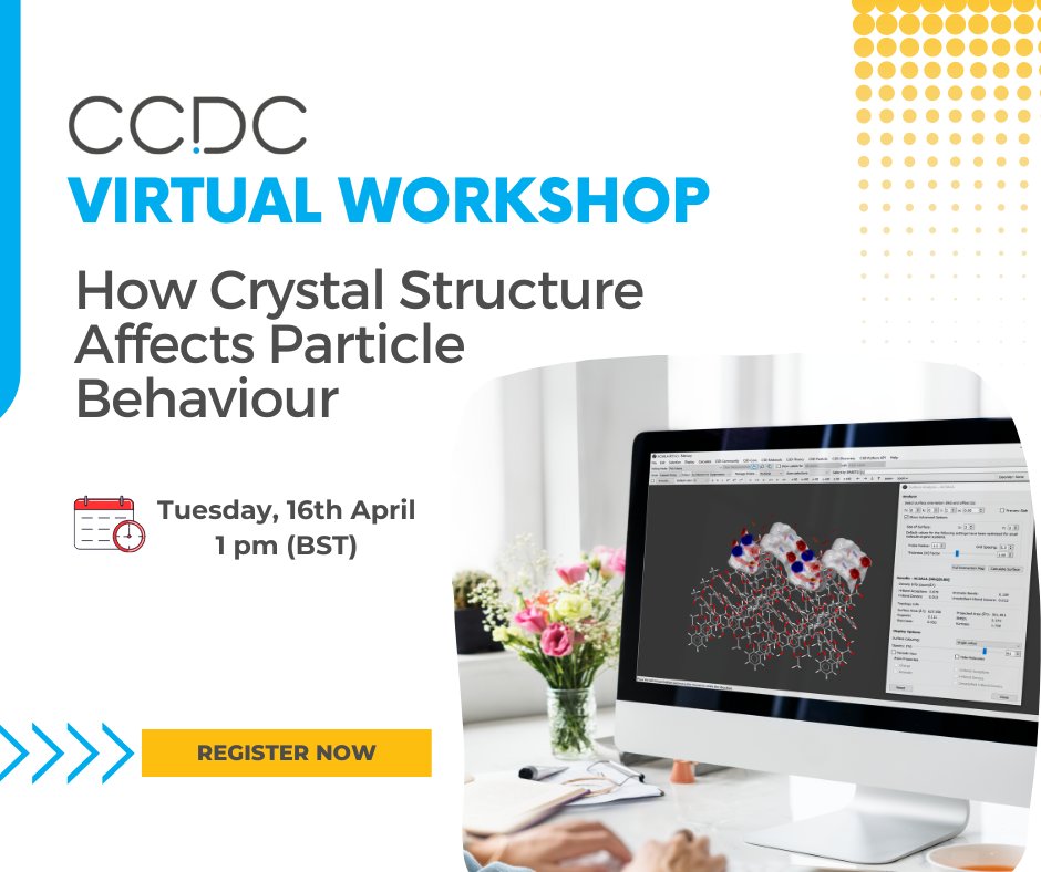 Register now to learn more about particle surface analysis. The presentation includes live demonstrations and hands-on activities to teach you how to use the desktop molecular visualizer software, Mercury.

📅16th April at 1:00 (BST)
🔗ccdc-info.com/4cfgRby

 #MaterialScience