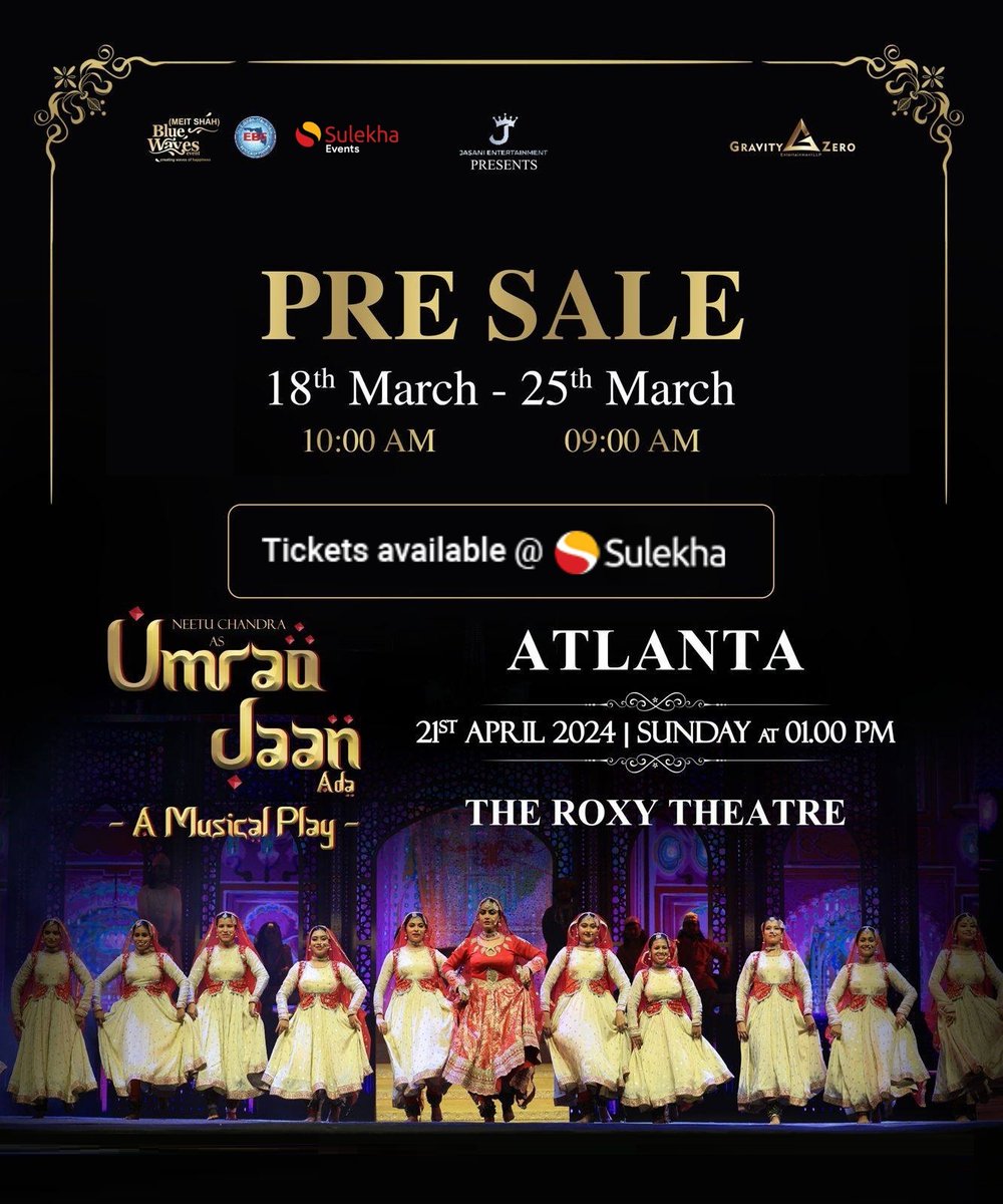 Dive into the mesmerizing world of love, passion, and music with 'Umrao Jaan Ada - A Musical Play'!

Join us at The Roxy Theater in Atlanta on April 21st, 1:00 PM for an unforgettable journey.

Book Your Tickets Here: sulekha.com/neetu

#UmraoJaanAda #UmraoJaanAdaOnTour