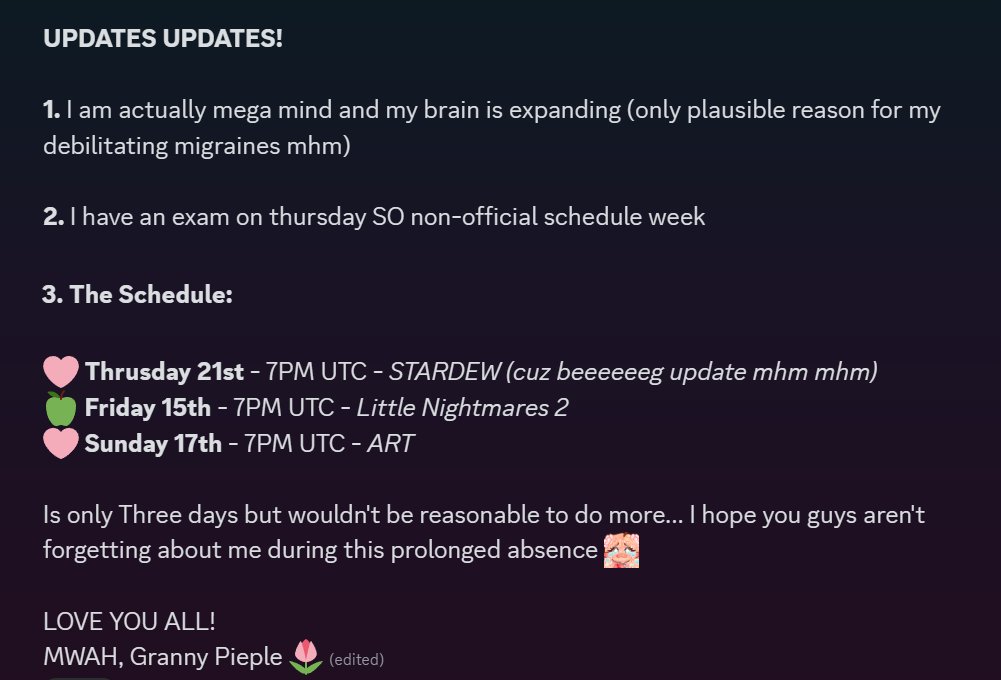 PieplePieVT's tweet photo. BOO! 🌷🍏

Is been a few days since i posted here ... hehe!
I was really sick and sleeping a lot mhm mhm! I'm a bit better but here is the update and the weekly schedule mhm!!

LOVE YOU ALL!!
MWAH 💗 https://t.co/qmiHUbq50o