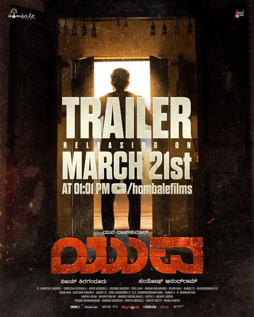 The countdown is ON 🤙
Get ready to witness the power of #YUVA. 

#YuvaTrailer out on 𝐌𝐚𝐫𝐜𝐡 𝟐𝟏𝐬𝐭 𝐚𝐭 𝟏:𝟎𝟏 𝐏𝐌 💥

Stay tuned : bit.ly/HombaleFilms

@santhoshAnand15 <a href="/yuva_rajkumar/">YuvaRajkumar</a> <a href="/VKiragandur/">Vijay Kiragandur</a> <a href="/hombalefilms/">Hombale Films</a> <a href="/HombaleGroup/">Hombale Group</a> <a href="/gowda_sapthami/">Sapthami Gowda</a> <a href="/AJANEESHB/">B AJANEESH LOKNATH</a>